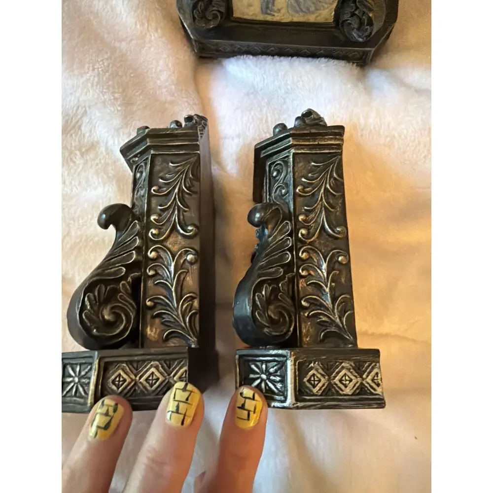 Ornate Victorian Style Desk Set 3pc Decor Courting Couple Relief Bookends Box
